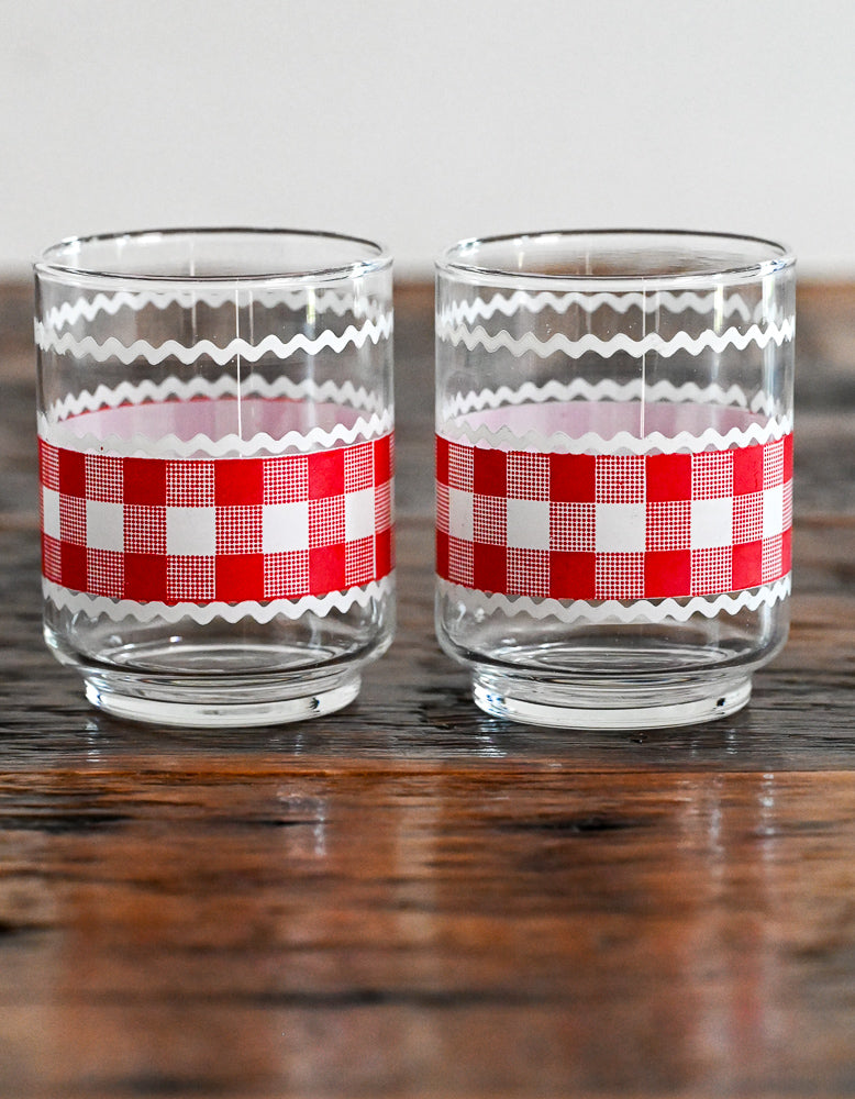 red and white gingham print juice glasses