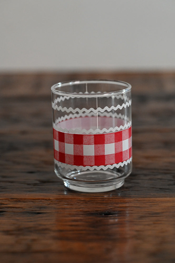red and white gingham print juice glass
