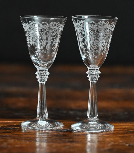 etched Fostoria Romance cordial glasses