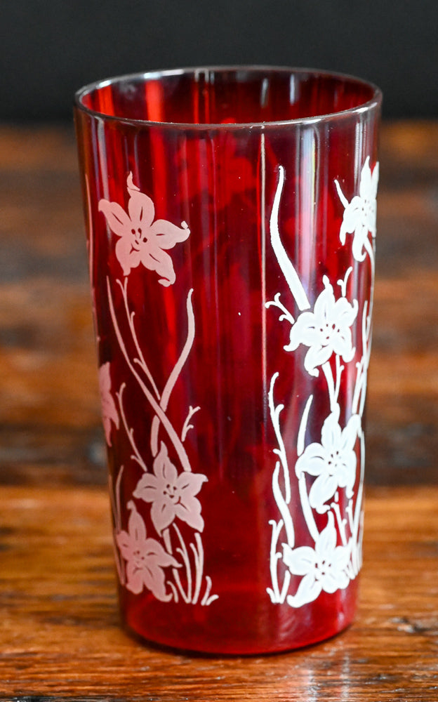 red Anchor Hocking tumblers with white lily print