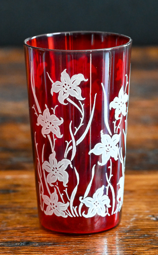 red Anchor Hocking tumblers with white lily print