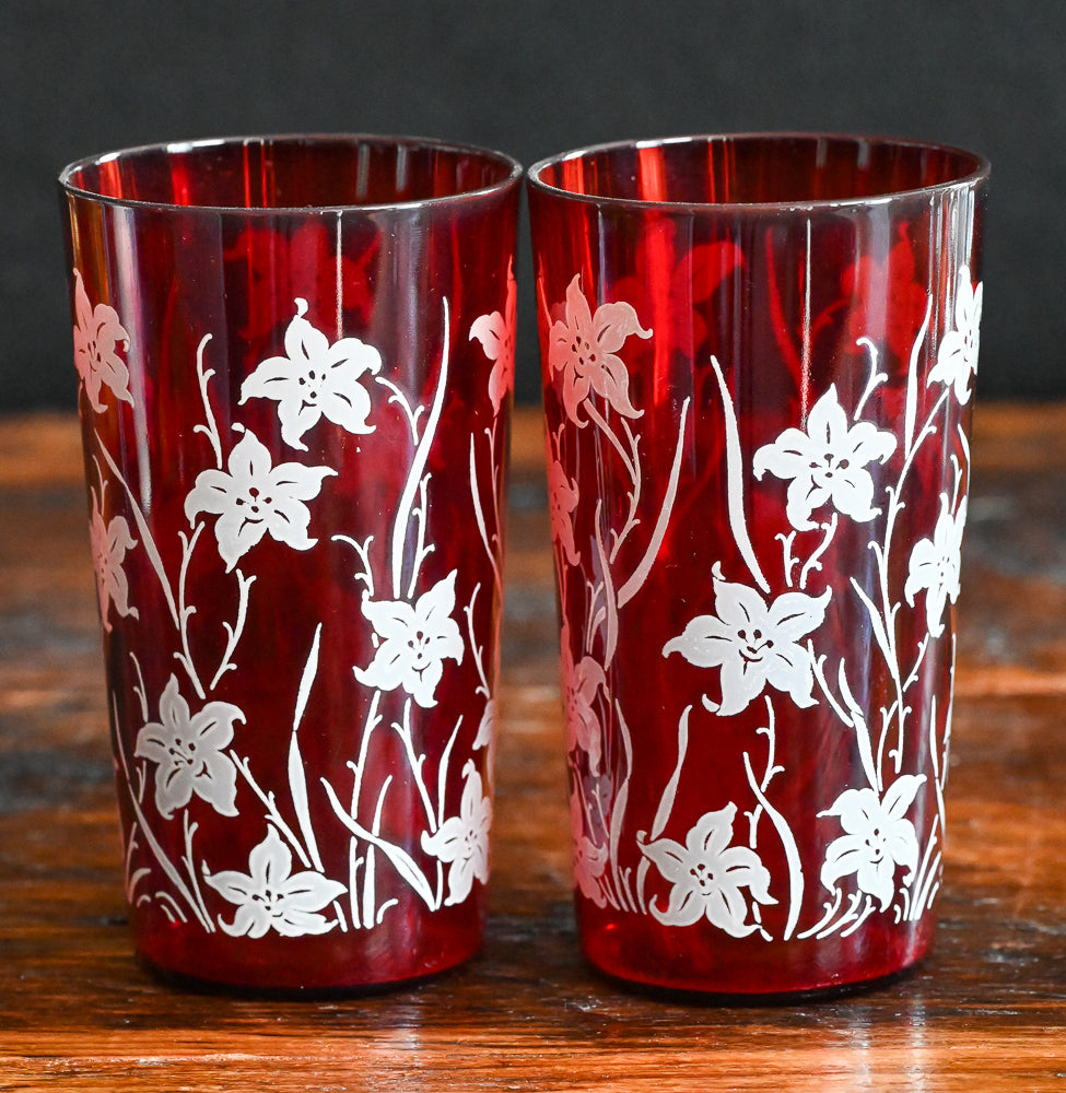 red Anchor Hocking tumblers with white lily print