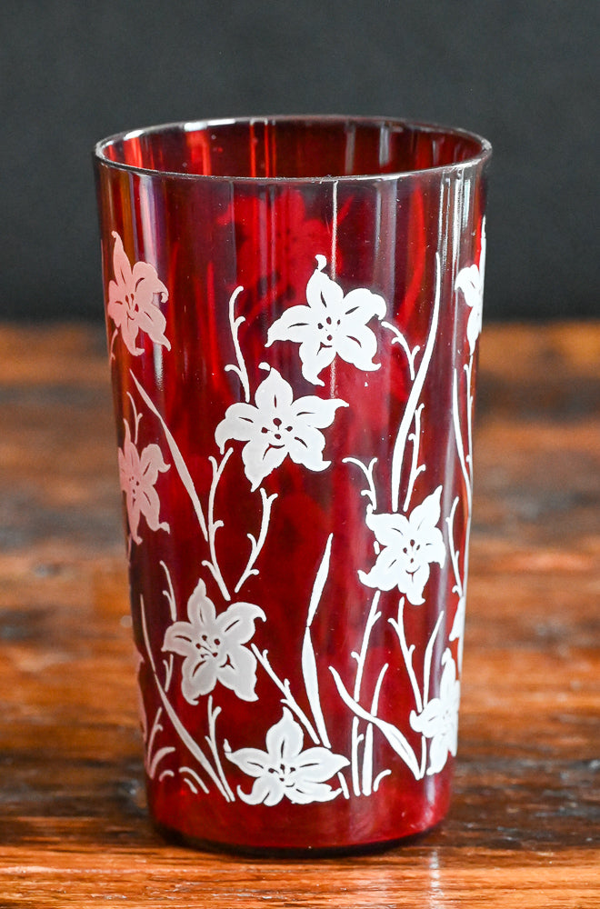 red Anchor Hocking tumblers with white lily print
