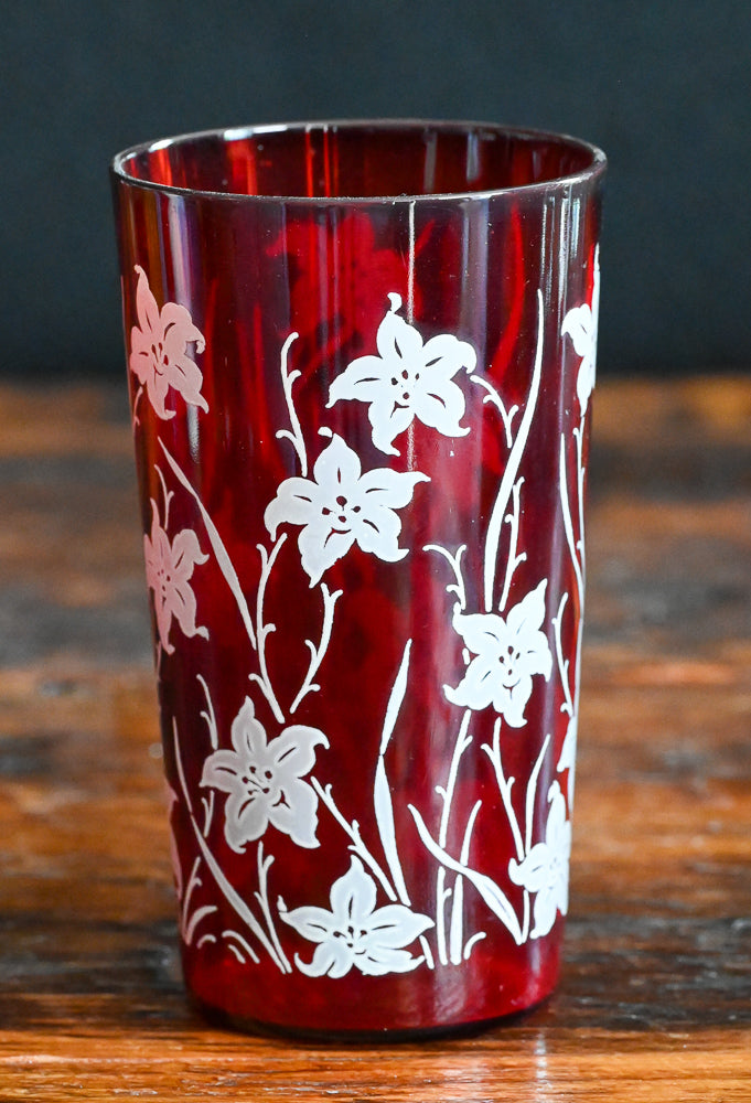 red Anchor Hocking tumblers with white lily print
