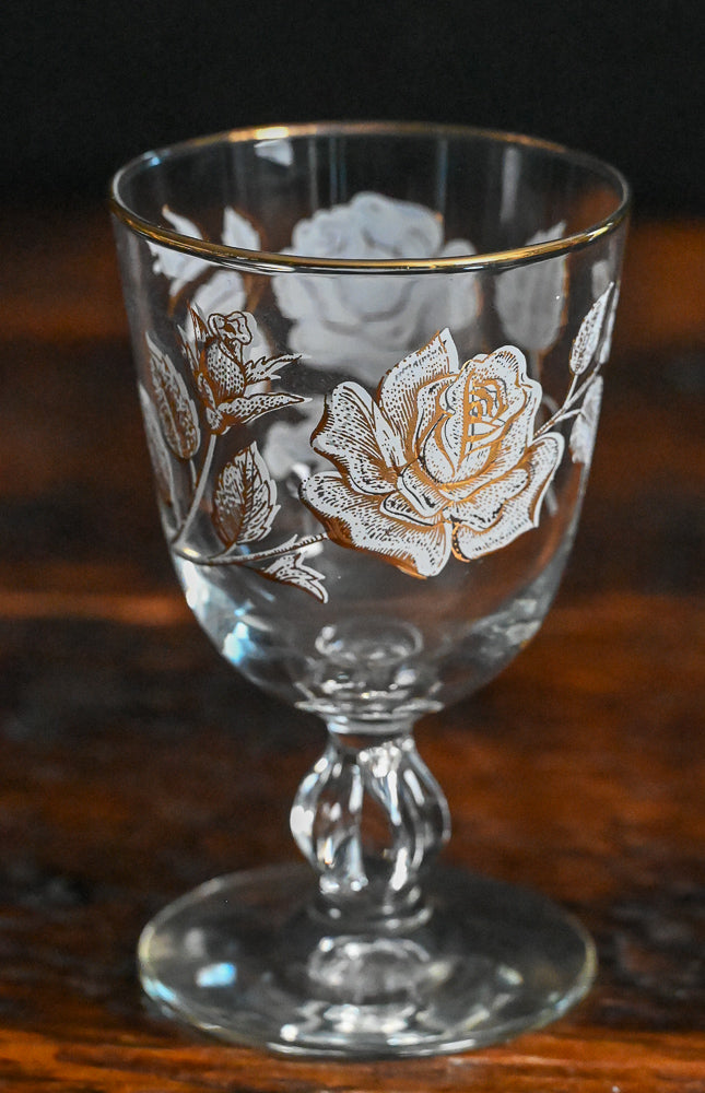 white and gold print Libbey Rose Bouquet Goblets