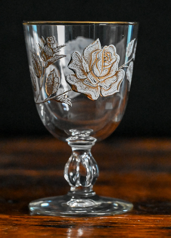 white and gold print Libbey Rose Bouquet Goblets