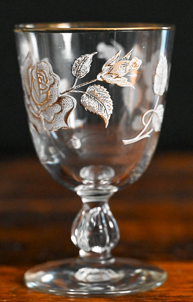 white and gold print Libbey Rose Bouquet Goblets