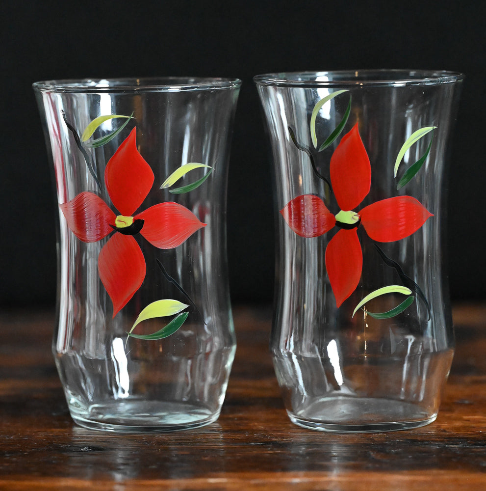 red and green hand painted tumbler glasses