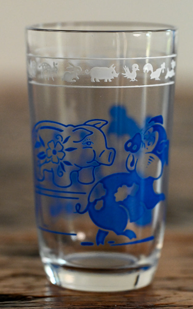 blue pigs print on juice glasses