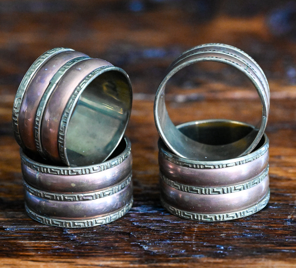 brass and copper Greek Key pattern Napkin rings