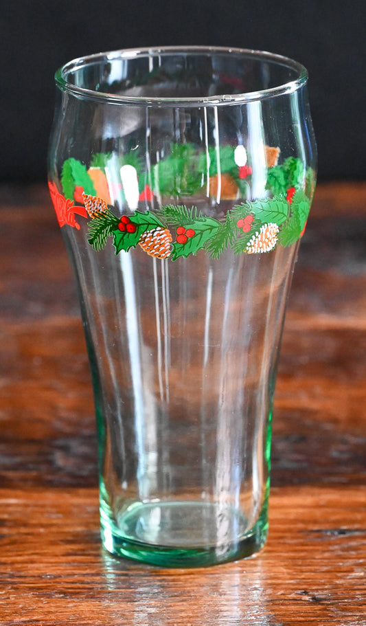 green glass Coca-Cola Holly Christmas glasses