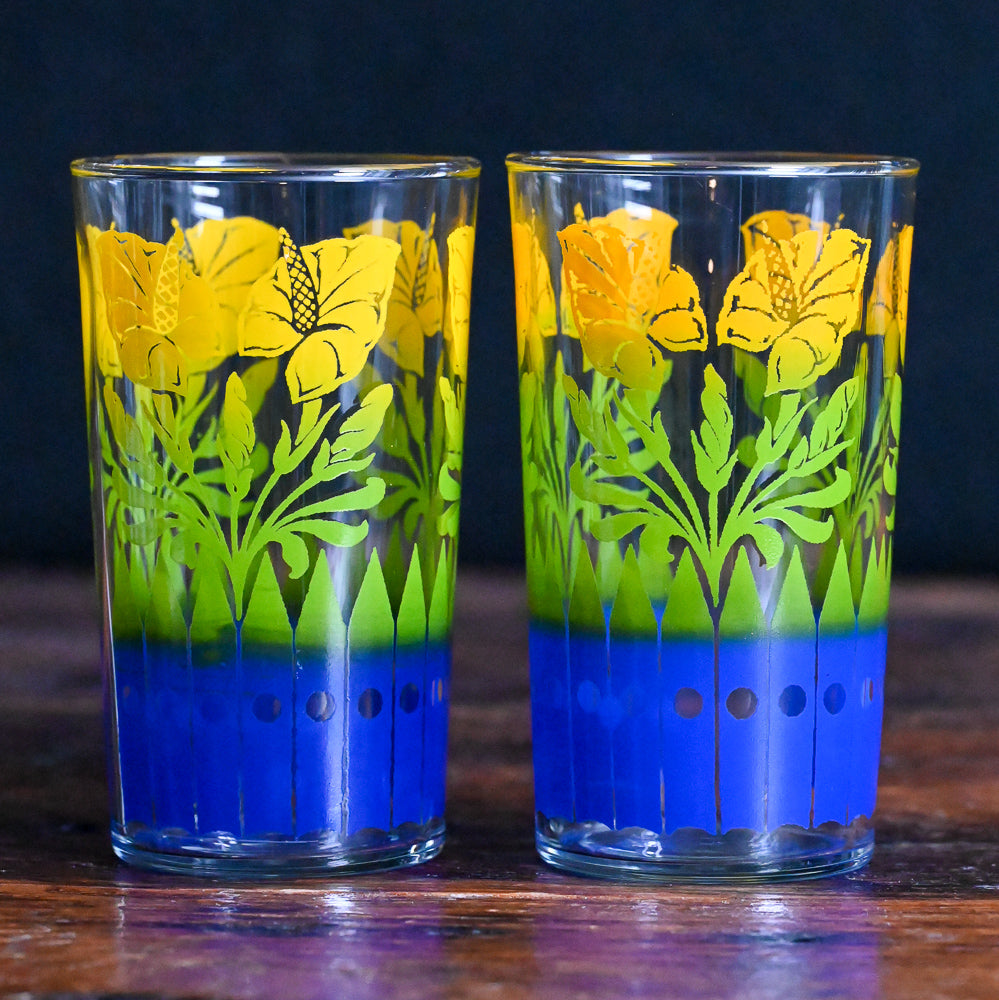 yellow, green and blue floral print tumbler glasses