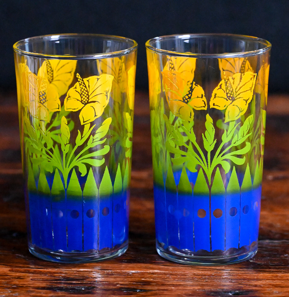 yellow, green and blue floral print tumbler glasses