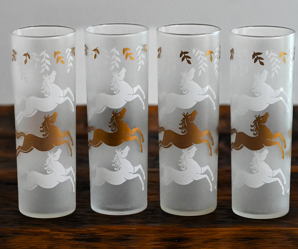 gold and white horses on frosted highball glasses