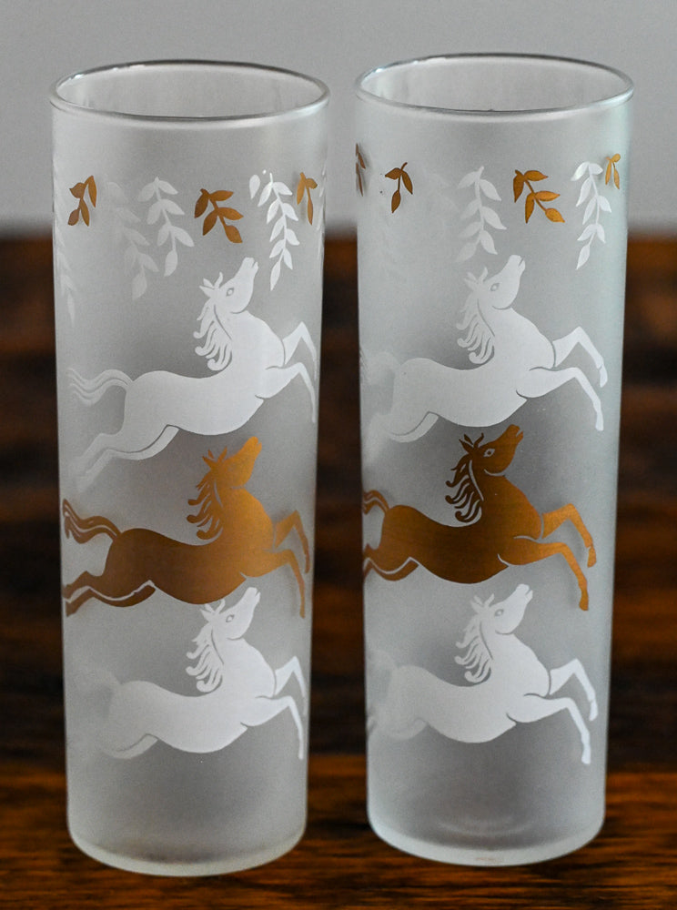 Libbey Calvacade gold and white horses on frosted highball glasses