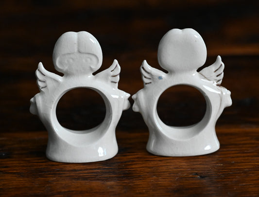 white glazed angel napkin rings