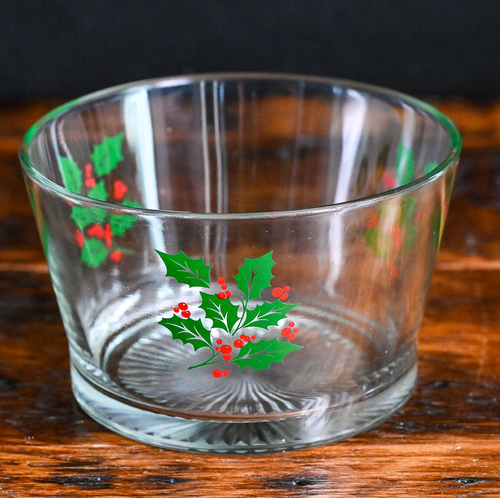 red and green holly print on clear ice bucket from Indiana Glass