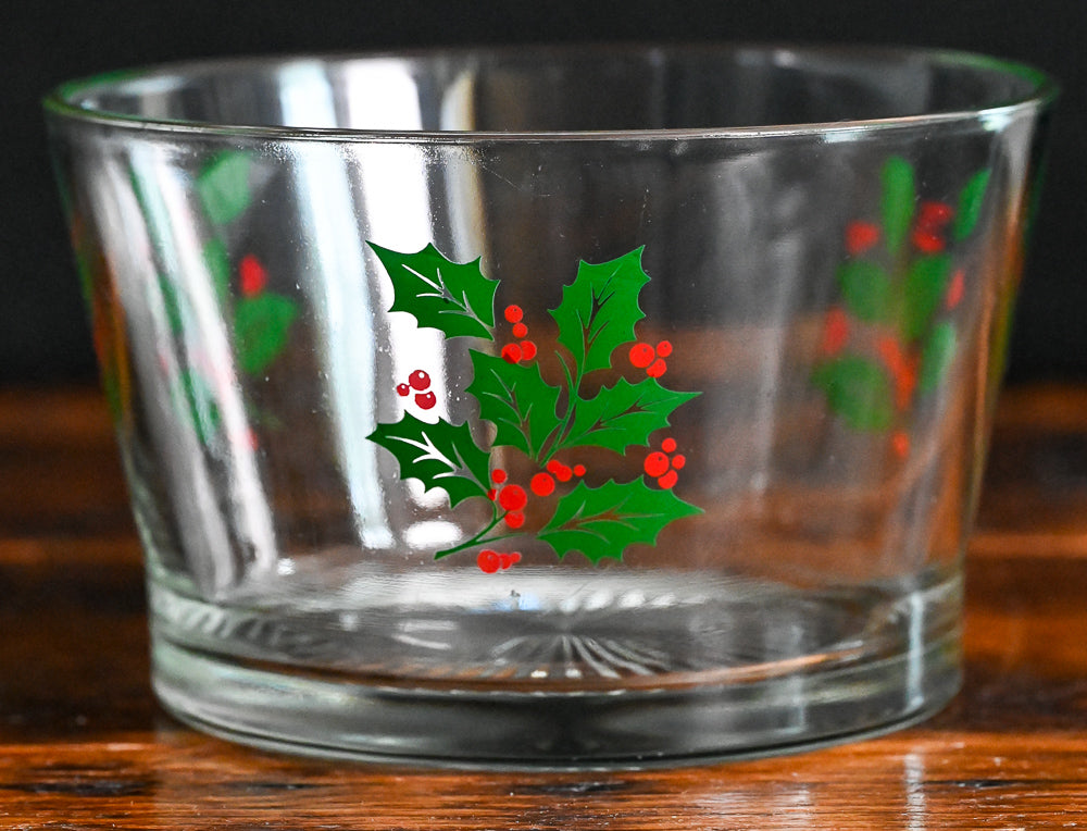 red and green holly print on clear ice bucket from Indiana Glass