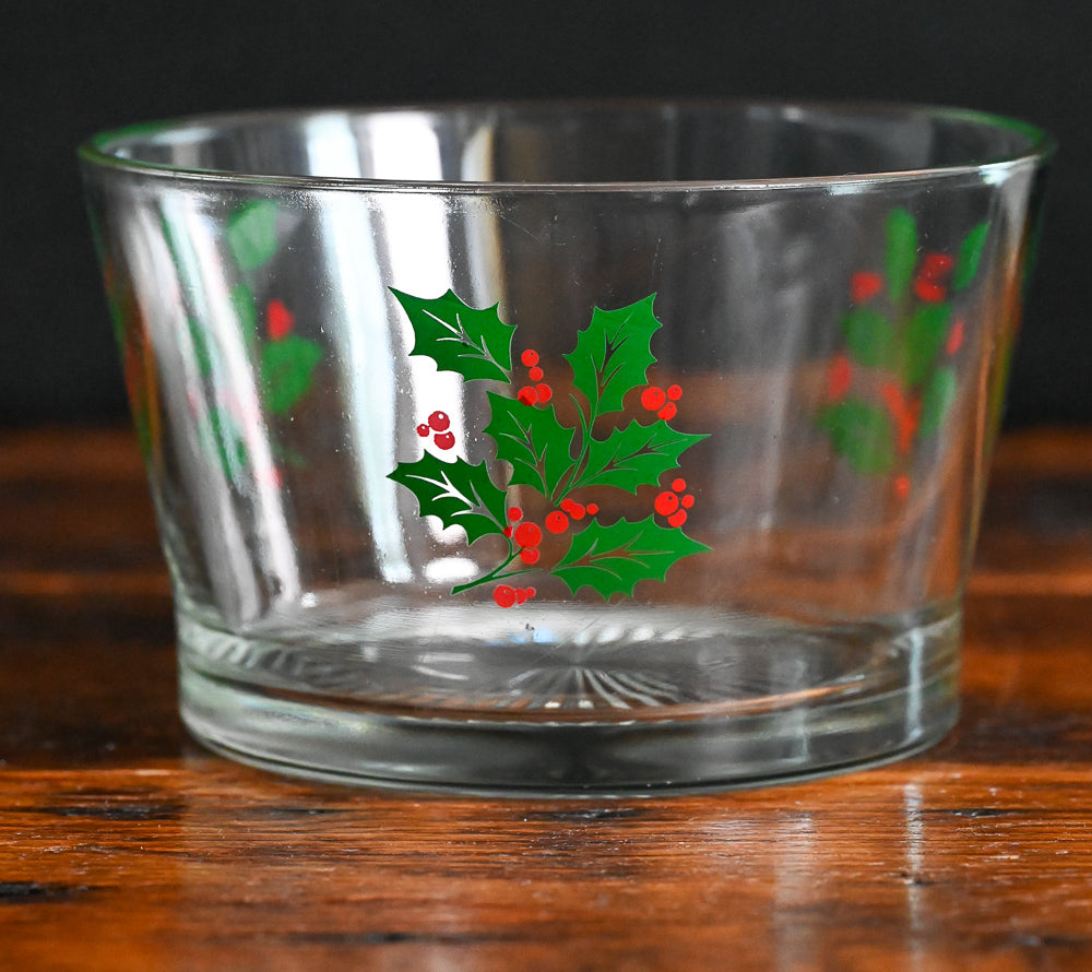 red and green holly print on clear ice bucket from Indiana Glass