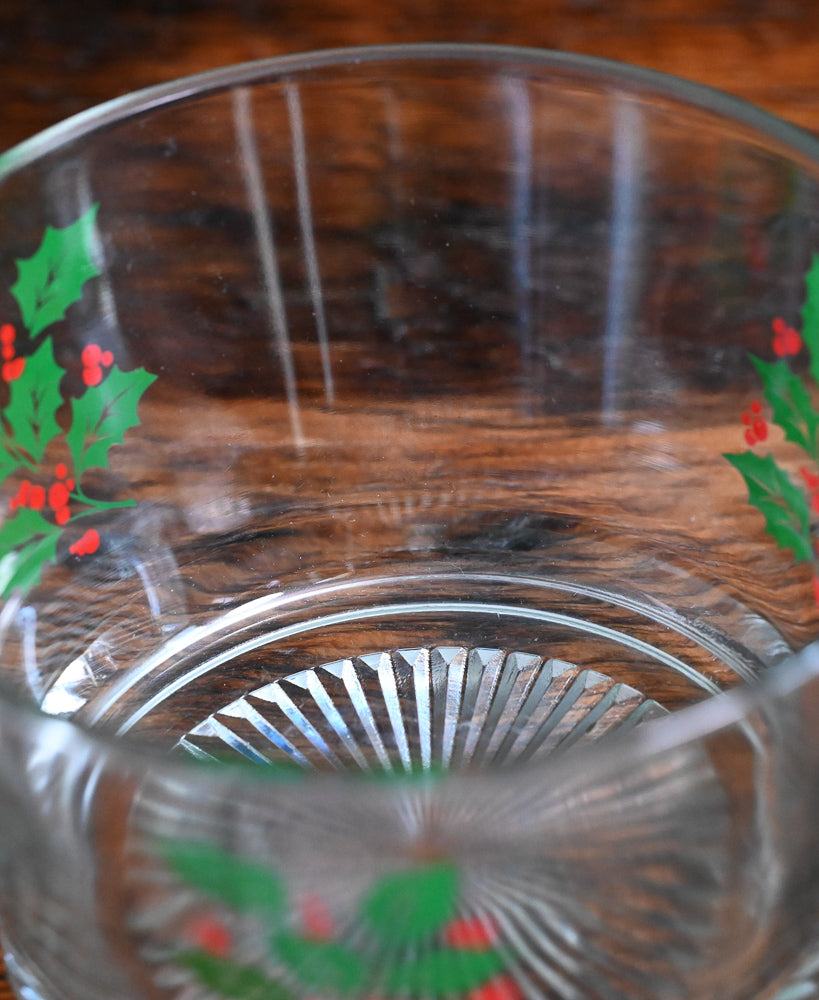 red and green holly print on clear ice bucket from Indiana Glass