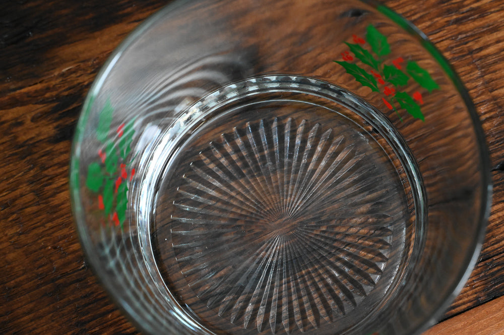 red and green holly print on clear ice bucket from Indiana Glass