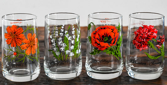 Brockway Glass Flower of the month glasses on wooden table