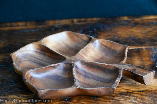 monkeypod wood 5 compartment oak leaf shaped tray