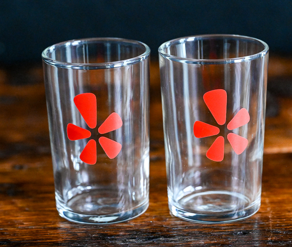 red Yelp logo juice glasses