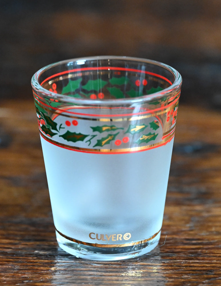 frosted Culver shotglasses with red/green and gold holly print