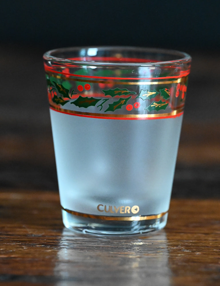 frosted Culver shotglasses with red/green and gold holly print