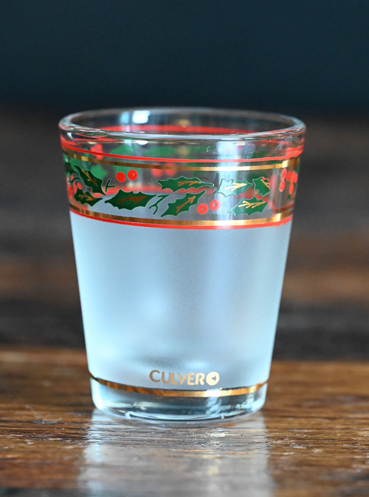 frosted Culver shotglasses with red/green and gold holly print