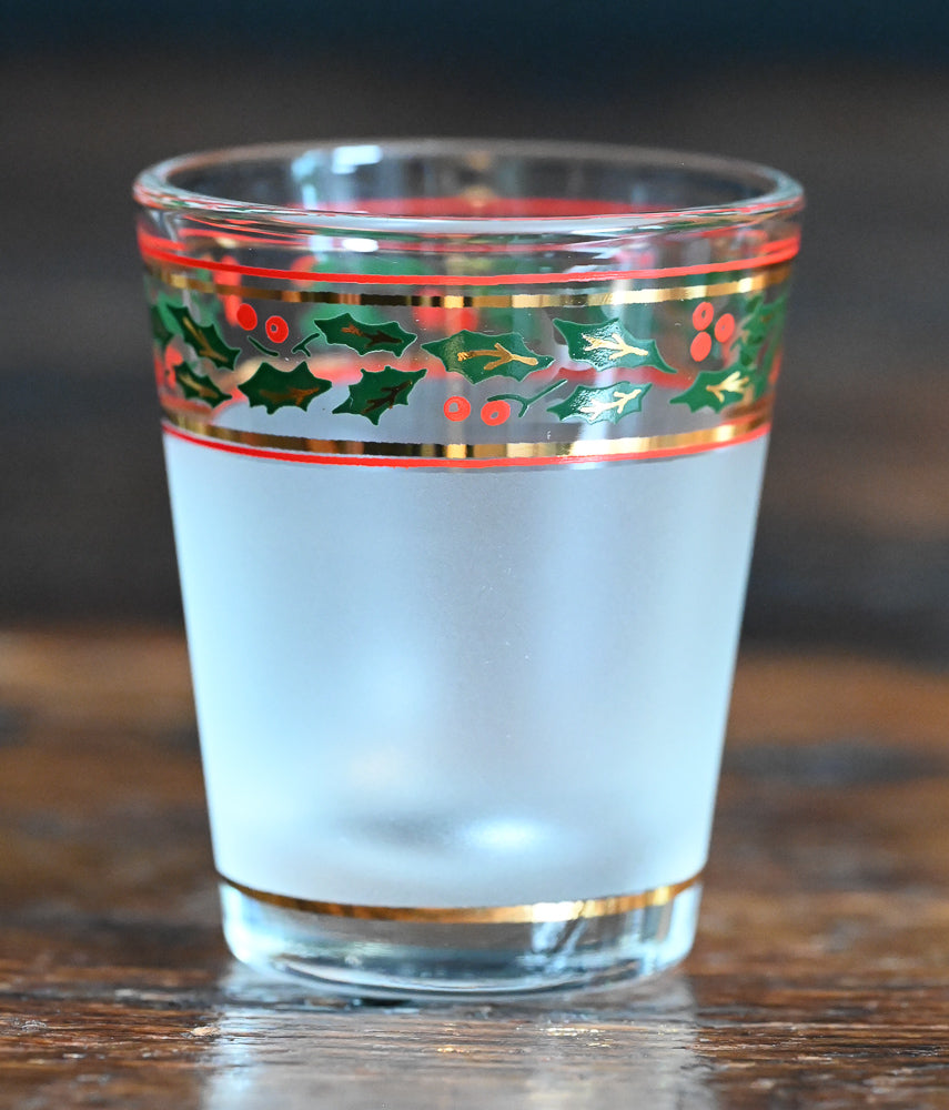 frosted Culver shotglasses with red/green and gold holly print