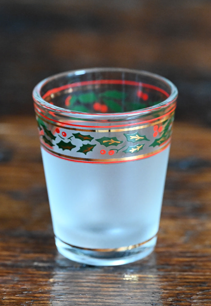 frosted Culver shotglasses with red/green and gold holly print