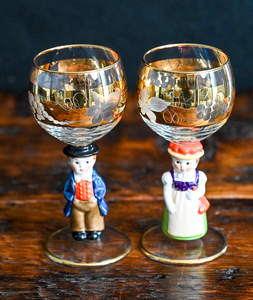 Man Goebel Hummel Wine Glasses with gold rim and decor