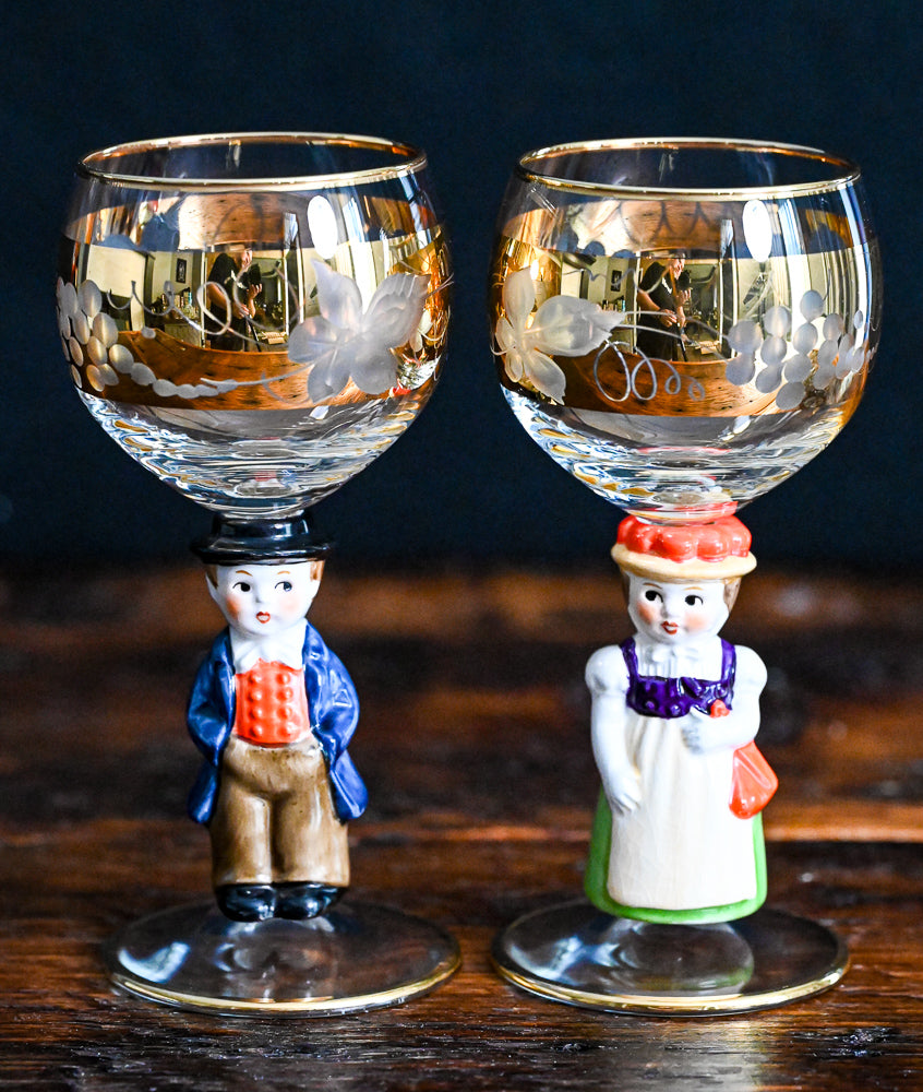 Man Goebel Hummel Wine Glasses with gold rim and decor