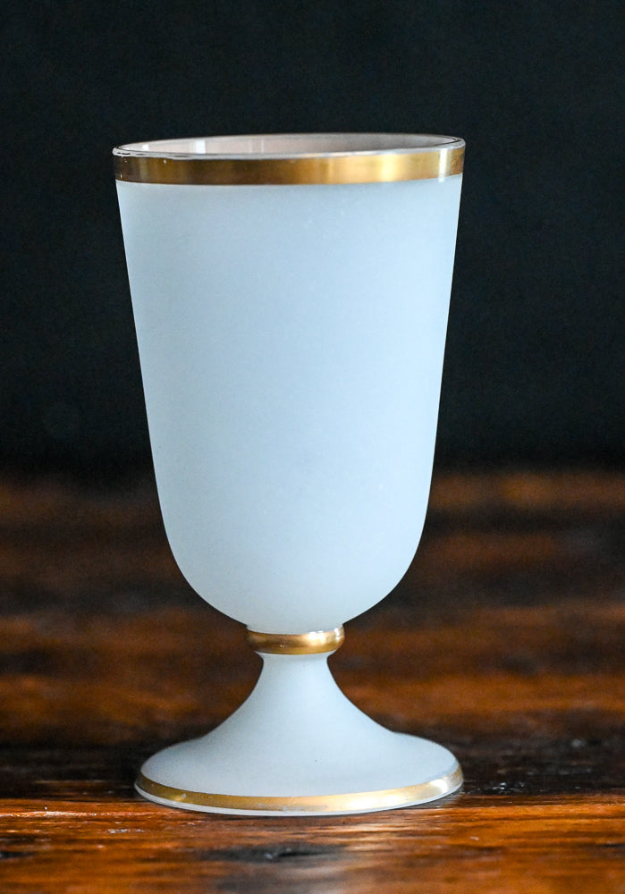 white frosted opaline goblets with gold trim and rim