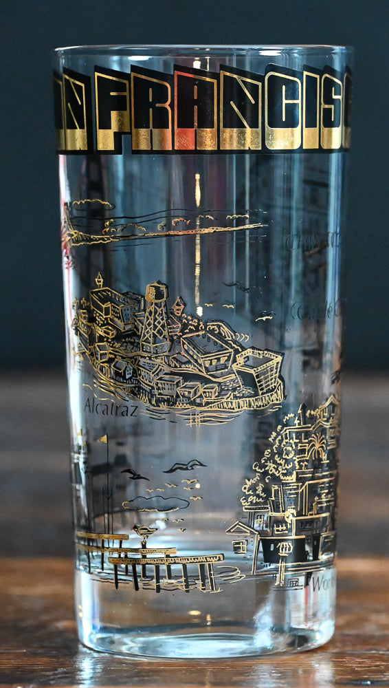 black and gold San Francisco souvenir tumbler glass