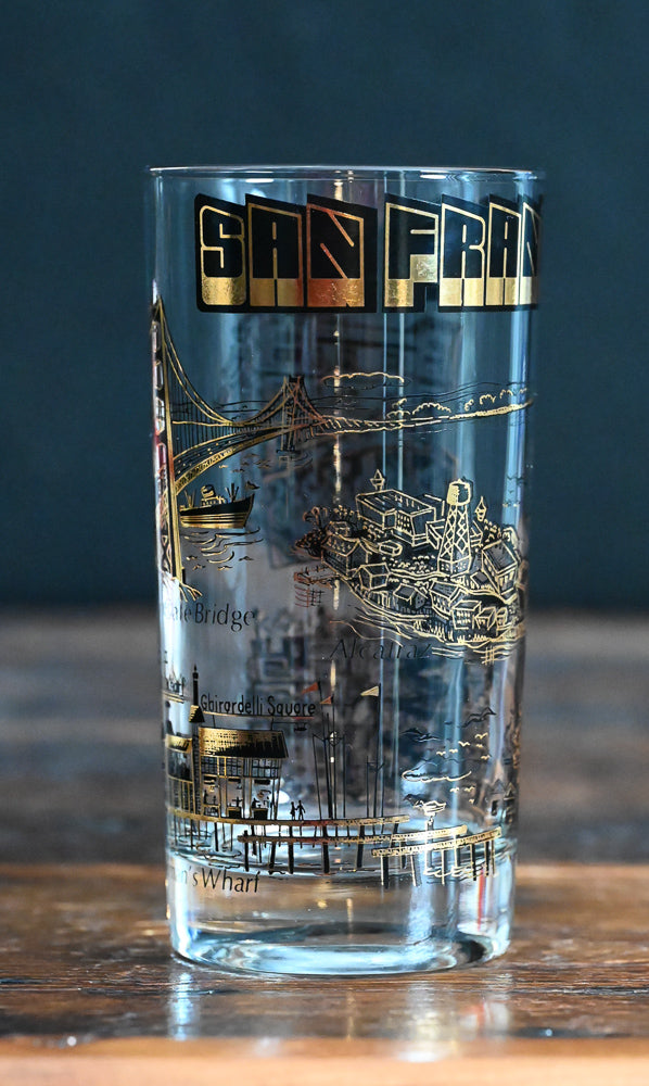 black and gold San Francisco souvenir tumbler glass