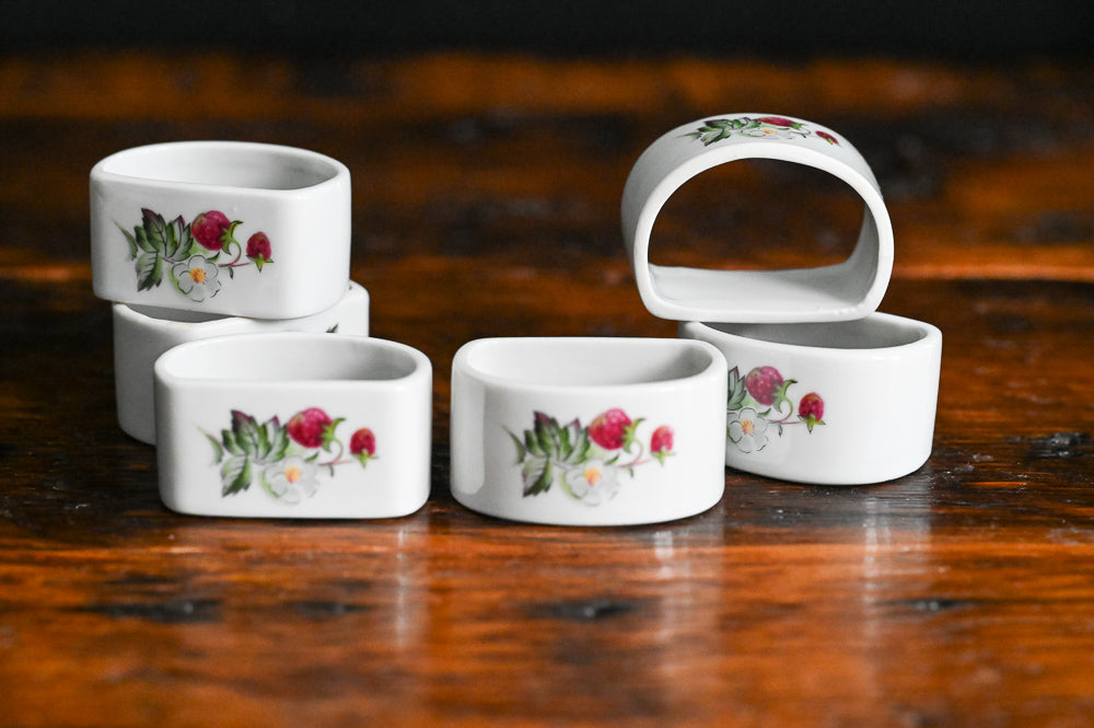 strawberry print white porcelain napkin rings