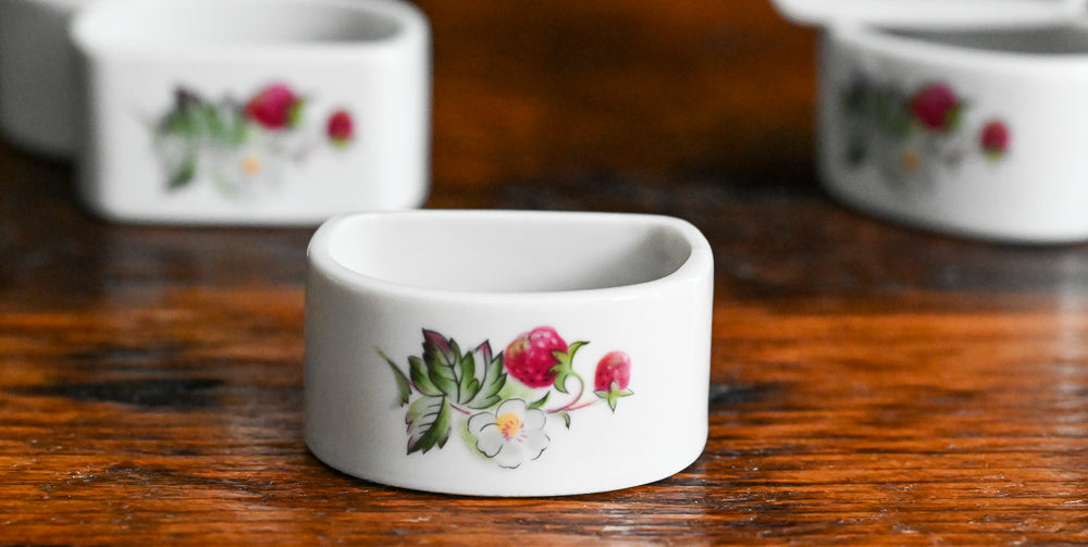 strawberry print white porcelain napkin rings