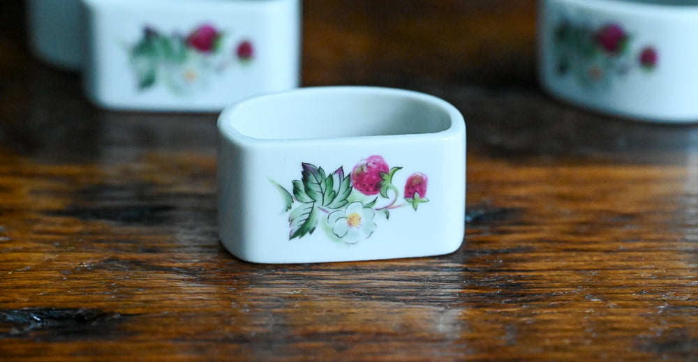 strawberry print white porcelain napkin rings