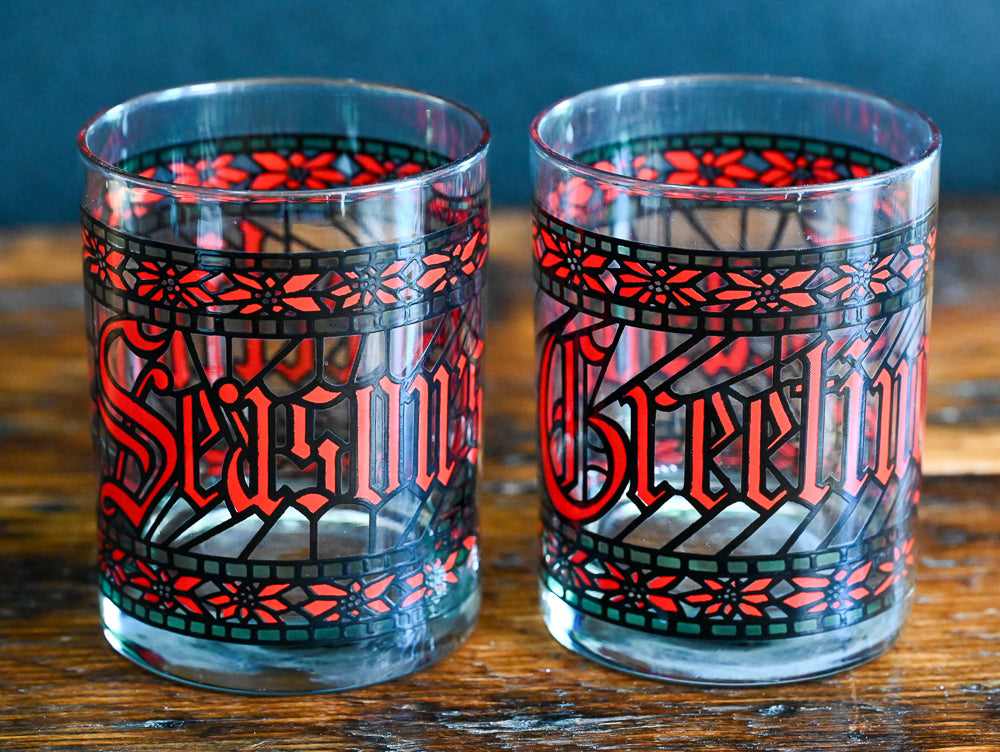 red and green stain glass pattern Seasons Greetings Houze double rocks glasses