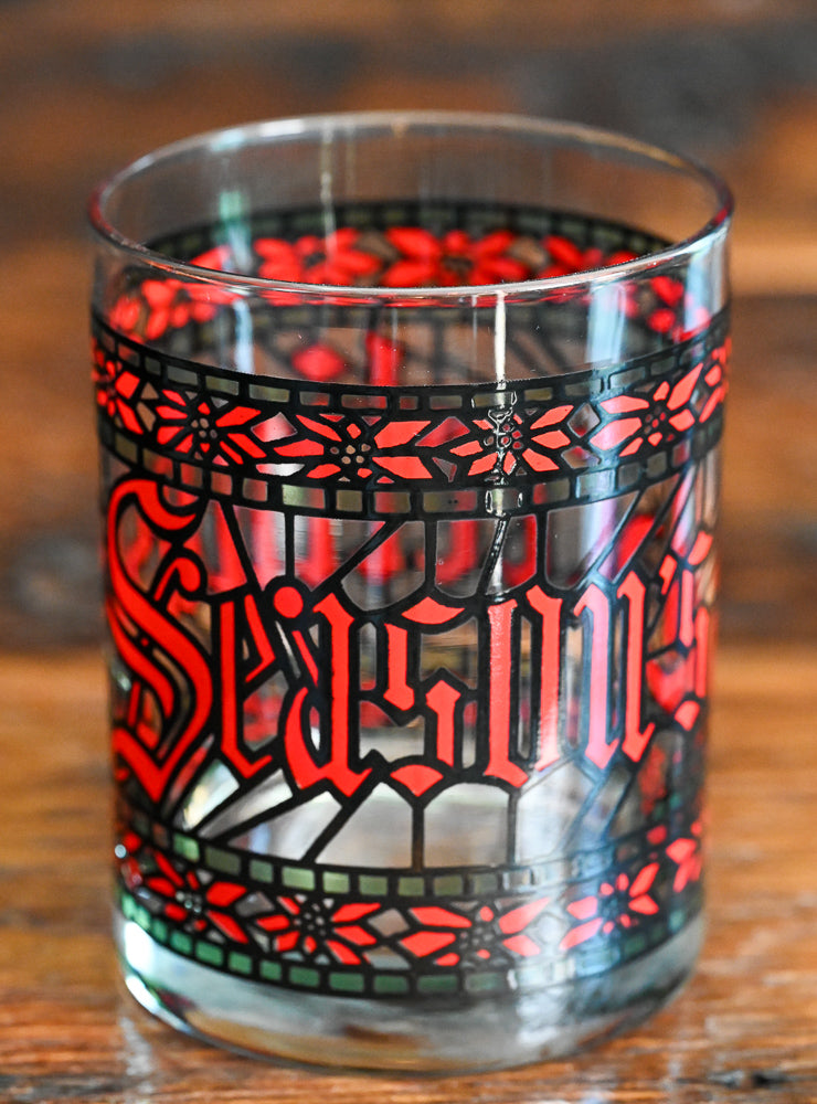 red and green stain glass pattern Seasons Greetings Houze double rocks glasses