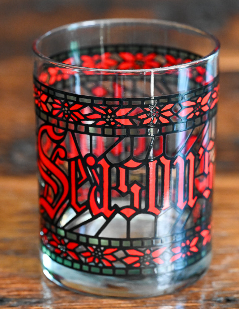 red and green stain glass pattern Seasons Greetings Houze double rocks glasses