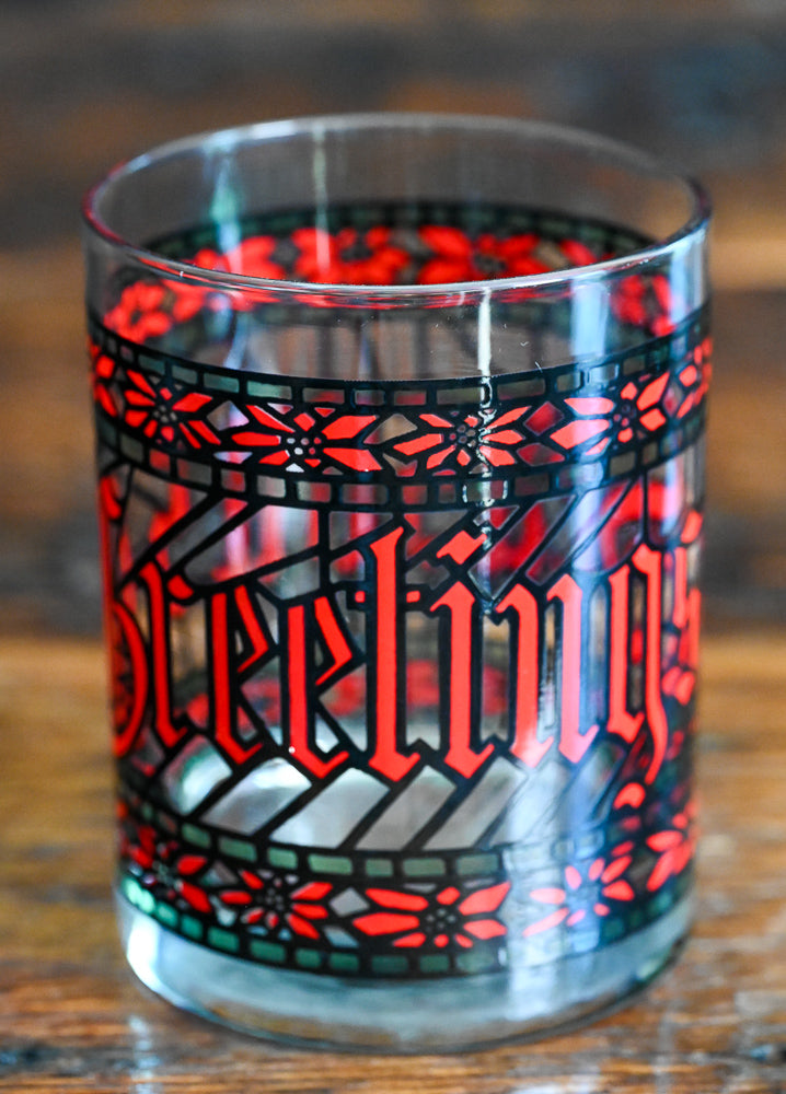 red and green stain glass pattern Seasons Greetings Houze double rocks glasses