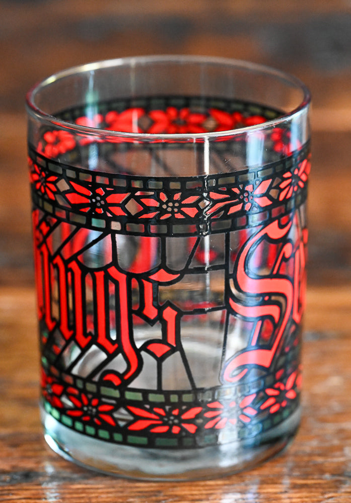 red and green stain glass pattern Seasons Greetings Houze double rocks glasses