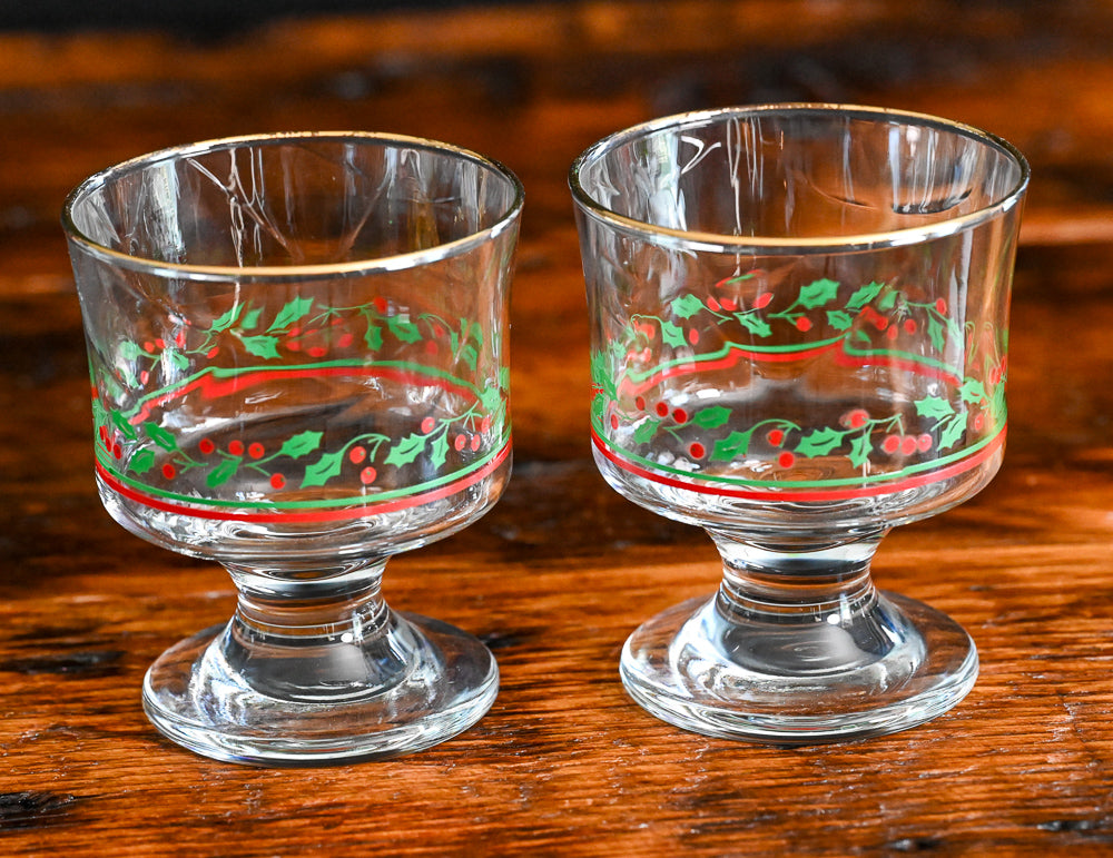 holly print with berries gold rim Libbey Arby's sherbet glasses