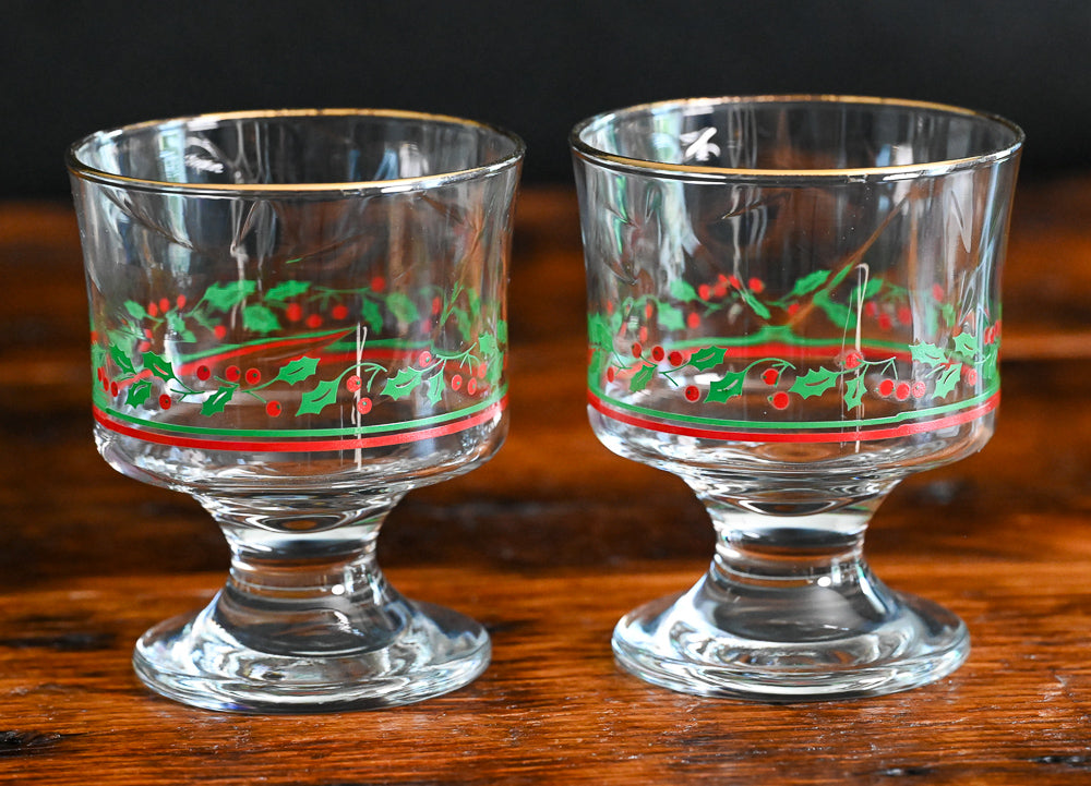 holly print with berries gold rim Libbey Arby's sherbet glasses