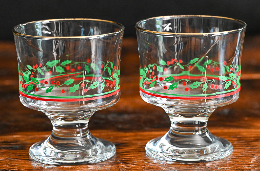 holly print with berries gold rim Libbey Arby's sherbet glasses