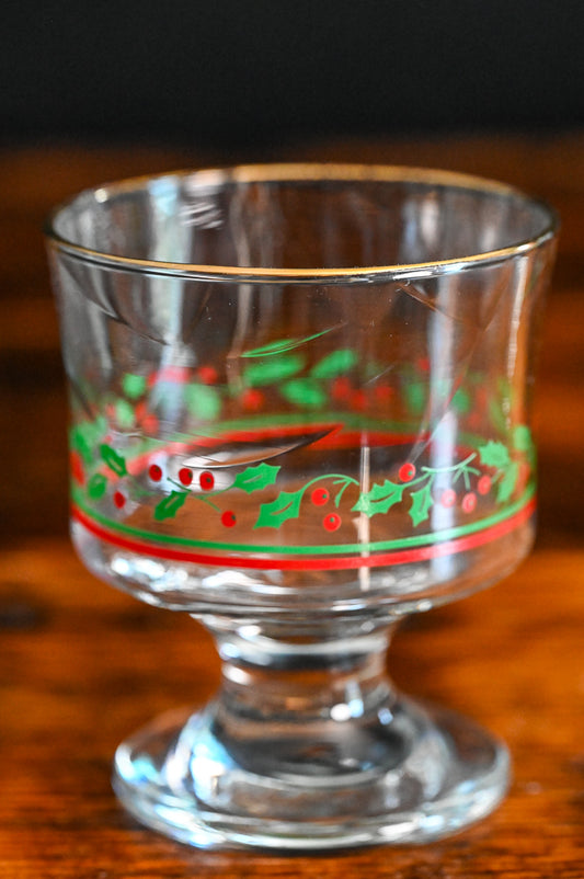 holly print with berries gold rim Libbey Arby's sherbet glasses